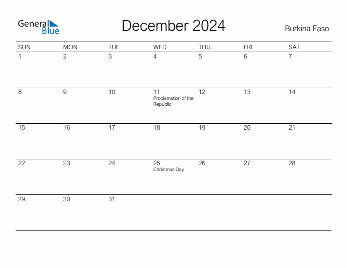 Printable December 2024 Calendar for Burkina Faso