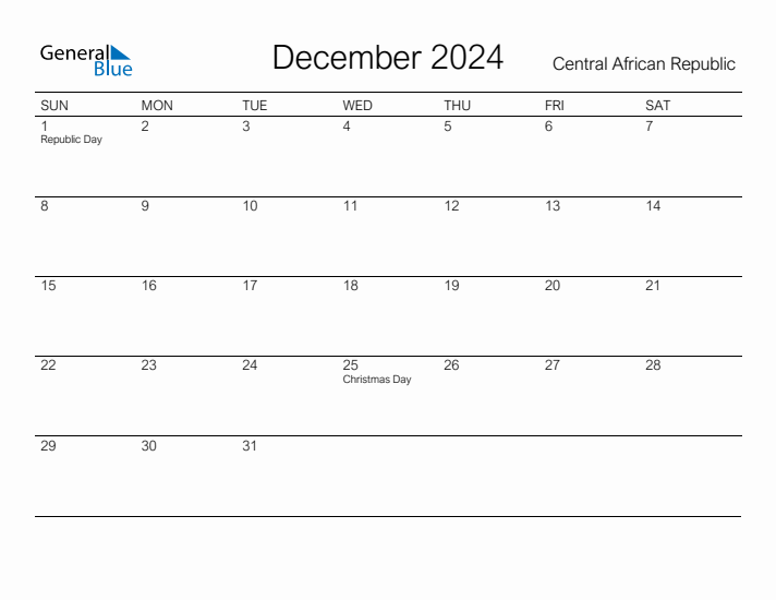 Printable December 2024 Calendar for Central African Republic