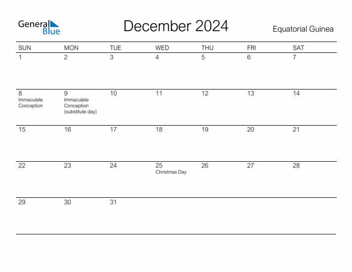 Printable December 2024 Calendar for Equatorial Guinea