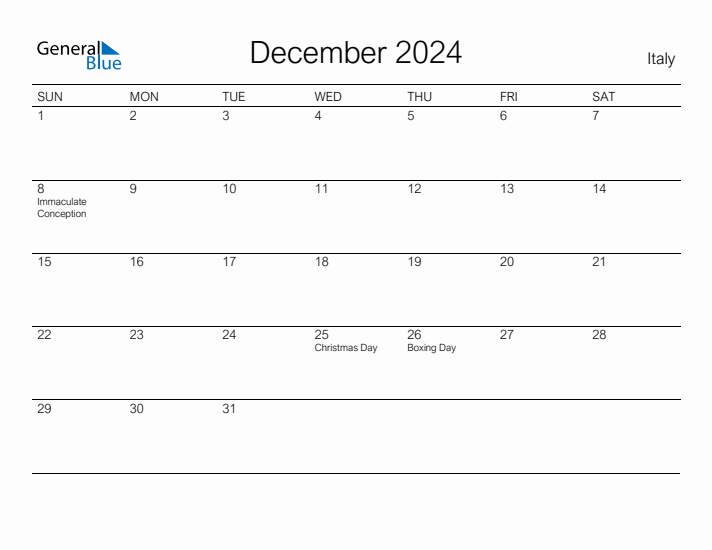 Printable December 2024 Calendar for Italy