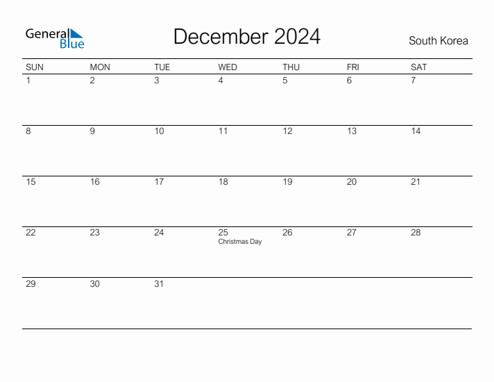 Printable December 2024 Calendar for South Korea