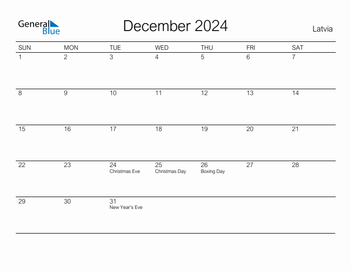 Printable December 2024 Calendar for Latvia