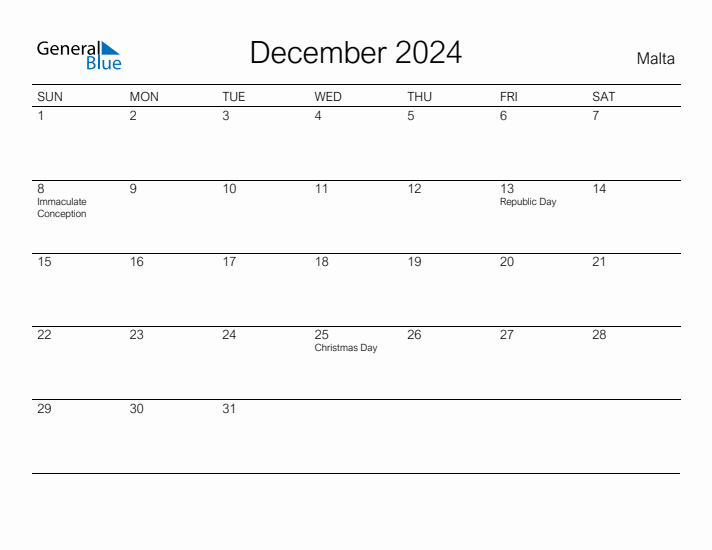 Printable December 2024 Calendar for Malta