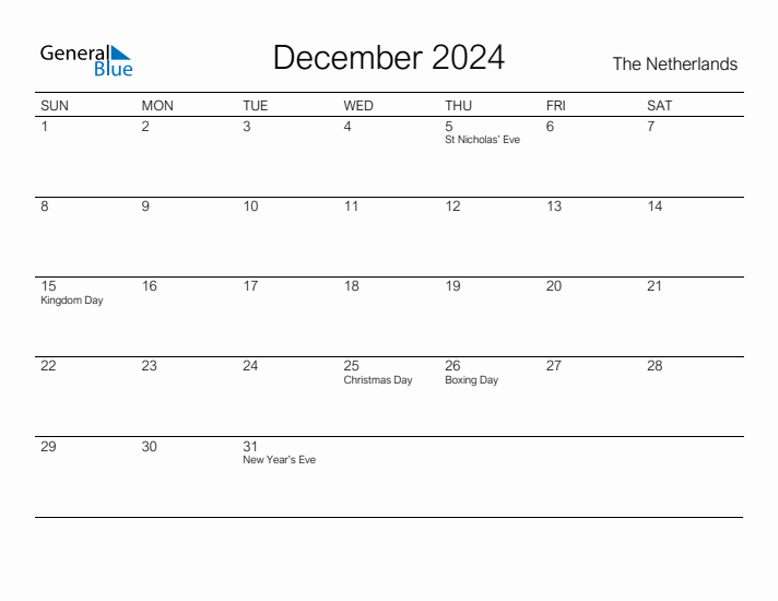 Printable December 2024 Calendar for The Netherlands