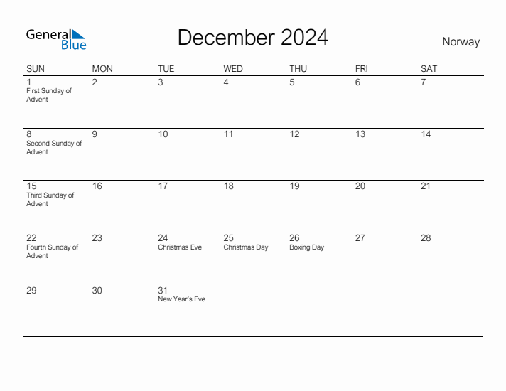 Printable December 2024 Calendar for Norway