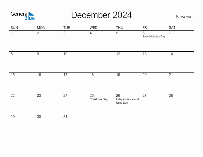 Printable December 2024 Calendar for Slovenia