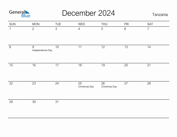 Printable December 2024 Calendar for Tanzania