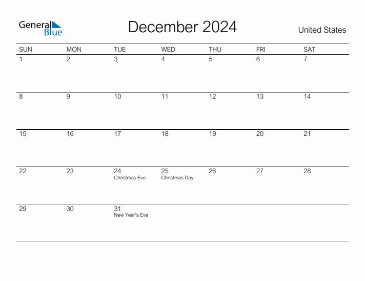 Printable December 2024 Calendar for United States