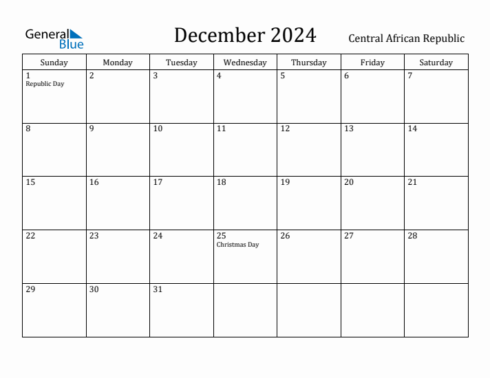 December 2024 Calendar Central African Republic