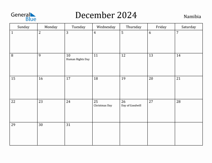 December 2024 Calendar Namibia