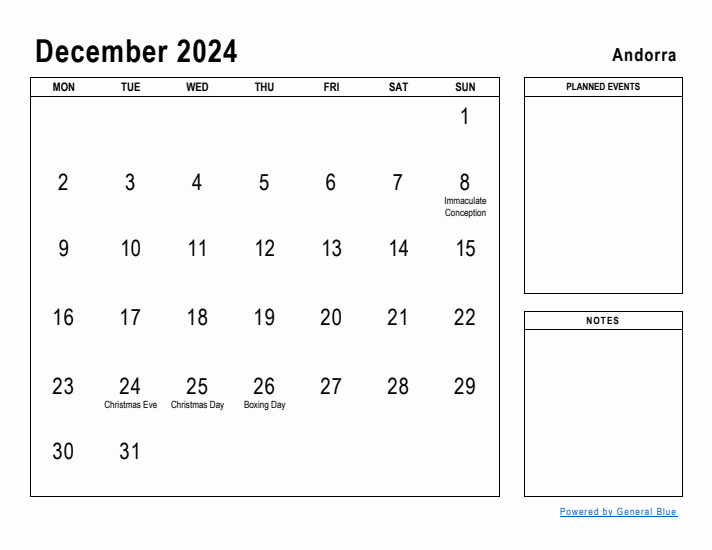 December 2024 Printable Monthly Calendar with Andorra Holidays