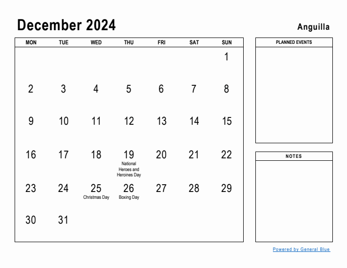 December 2024 Printable Monthly Calendar with Anguilla Holidays