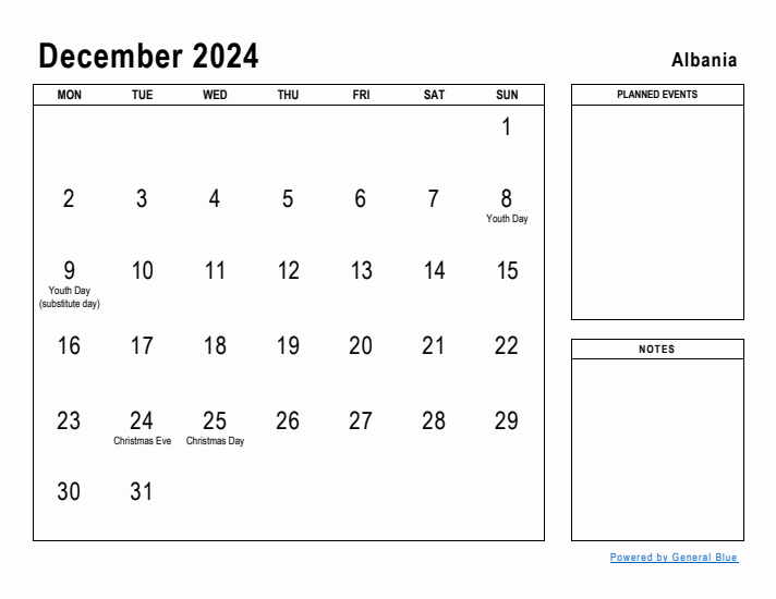 December 2024 Printable Monthly Calendar with Albania Holidays