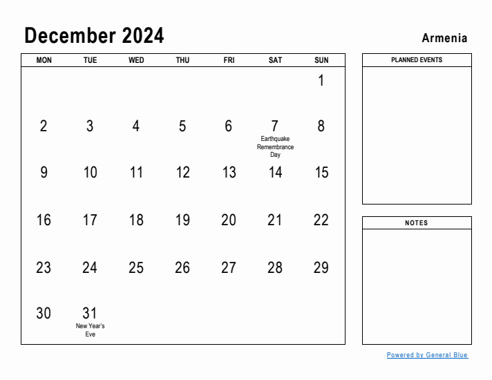 December 2024 Printable Monthly Calendar with Armenia Holidays