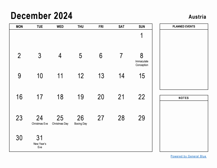 December 2024 Printable Monthly Calendar with Austria Holidays