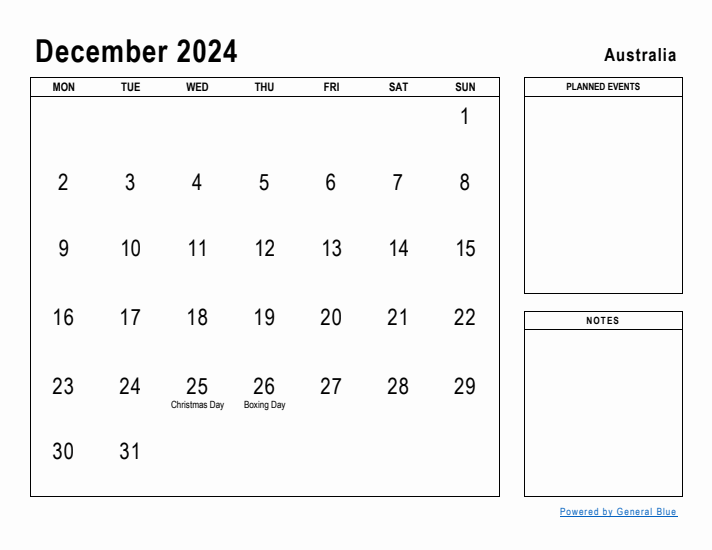 December 2024 Printable Monthly Calendar with Australia Holidays