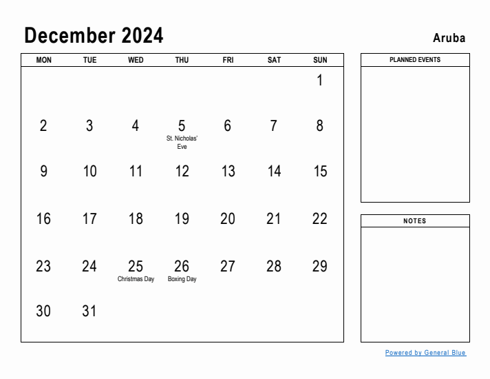 December 2024 Printable Monthly Calendar with Aruba Holidays