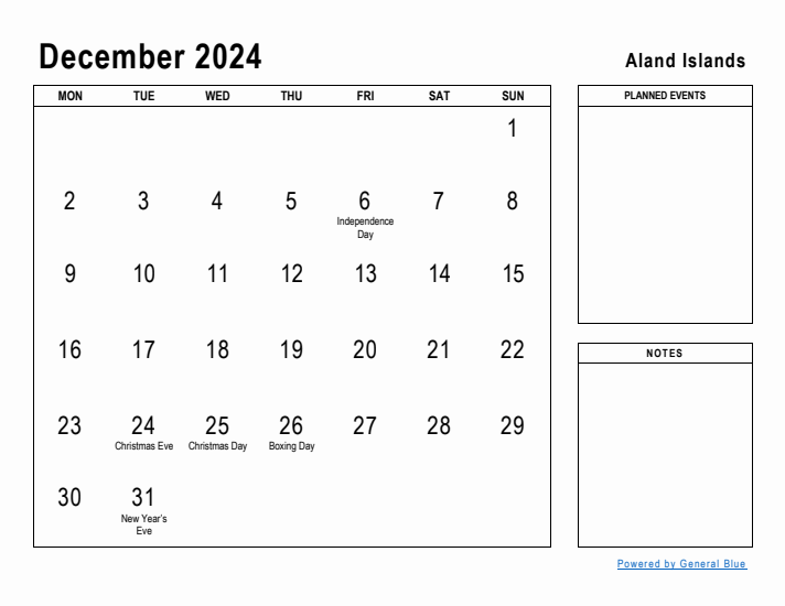 December 2024 Printable Monthly Calendar with Aland Islands Holidays