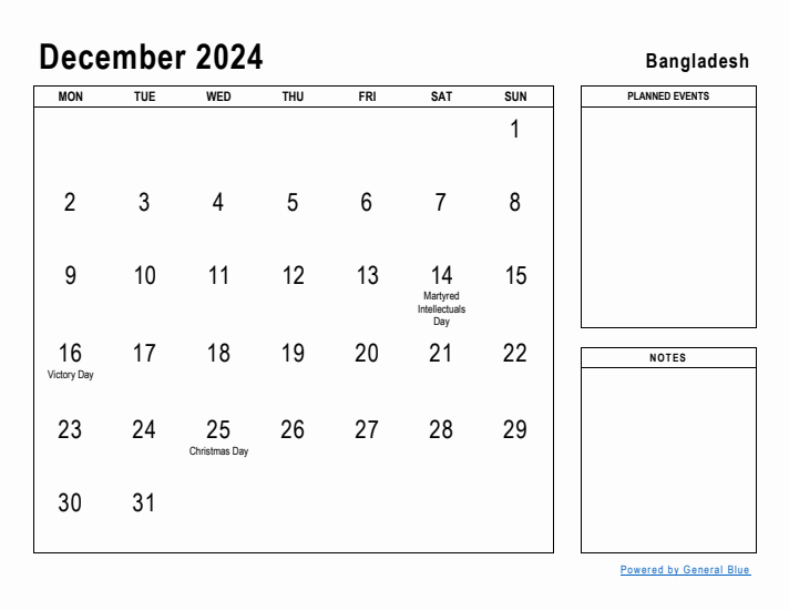 December 2024 Printable Monthly Calendar with Bangladesh Holidays