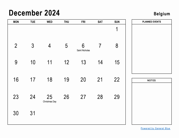 December 2024 Printable Monthly Calendar with Belgium Holidays