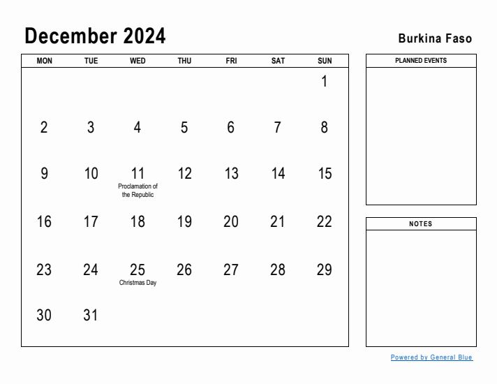 December 2024 Printable Monthly Calendar with Burkina Faso Holidays