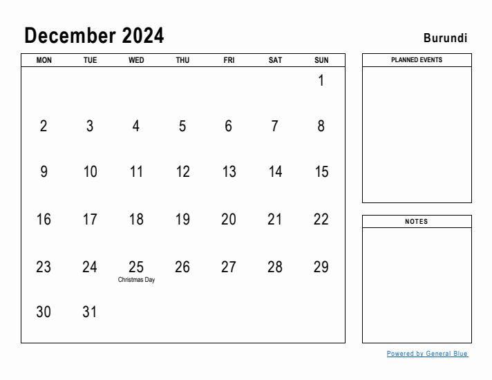 December 2024 Printable Monthly Calendar with Burundi Holidays