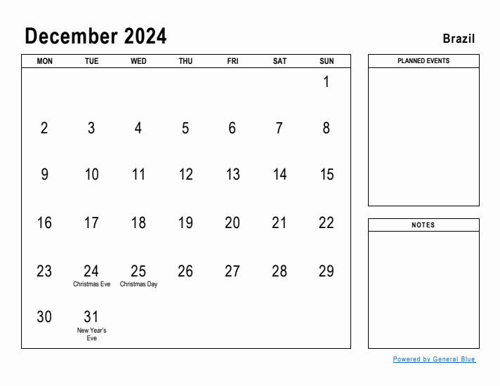 December 2024 Printable Monthly Calendar with Brazil Holidays