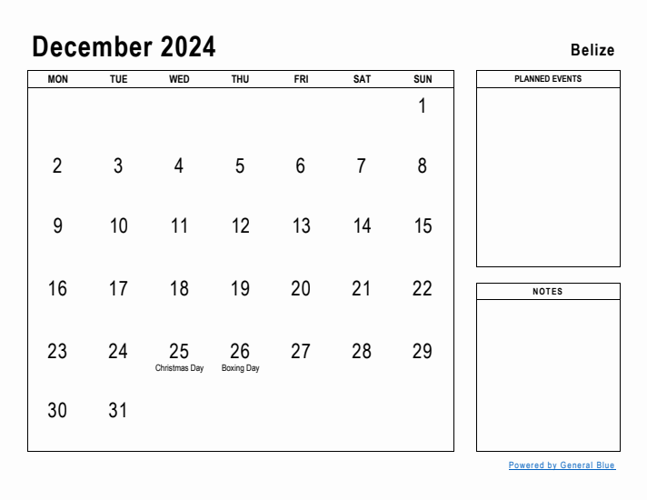 December 2024 Printable Monthly Calendar with Belize Holidays