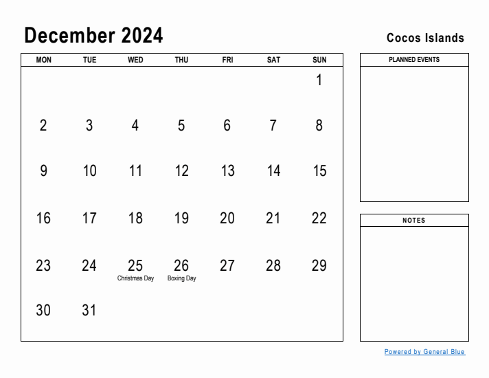 December 2024 Printable Monthly Calendar with Cocos Islands Holidays