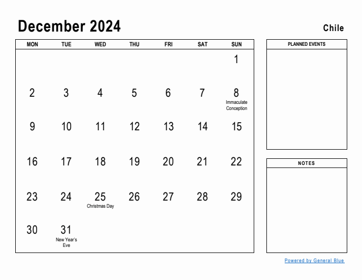 December 2024 Printable Monthly Calendar with Chile Holidays