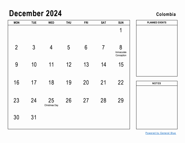 December 2024 Printable Monthly Calendar with Colombia Holidays