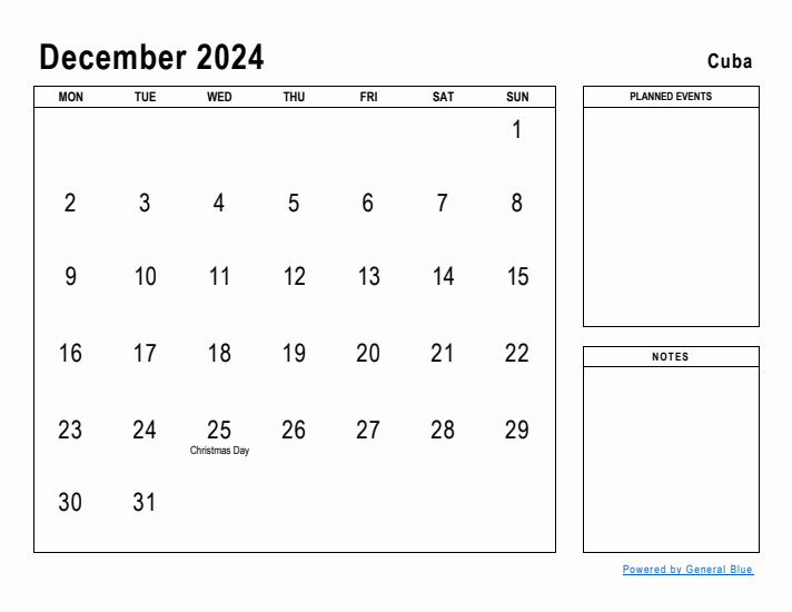 December 2024 Printable Monthly Calendar with Cuba Holidays