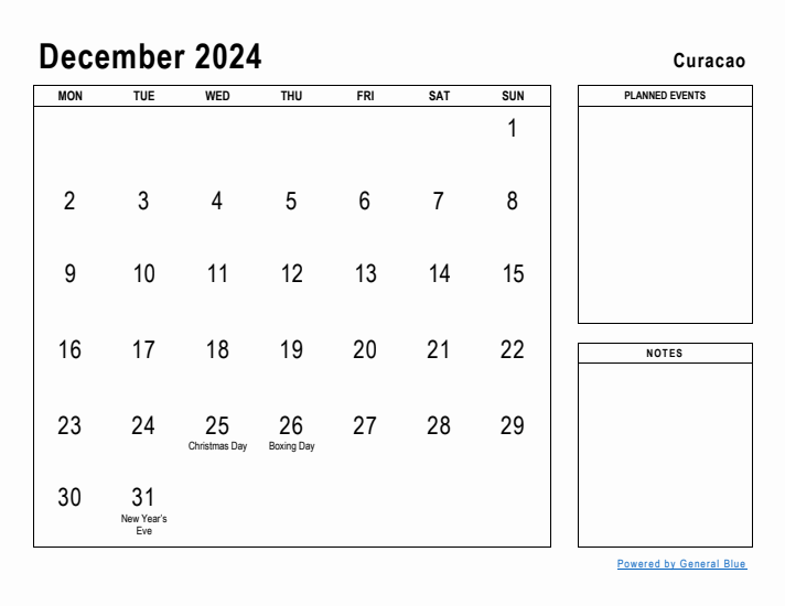 December 2024 Printable Monthly Calendar with Curacao Holidays