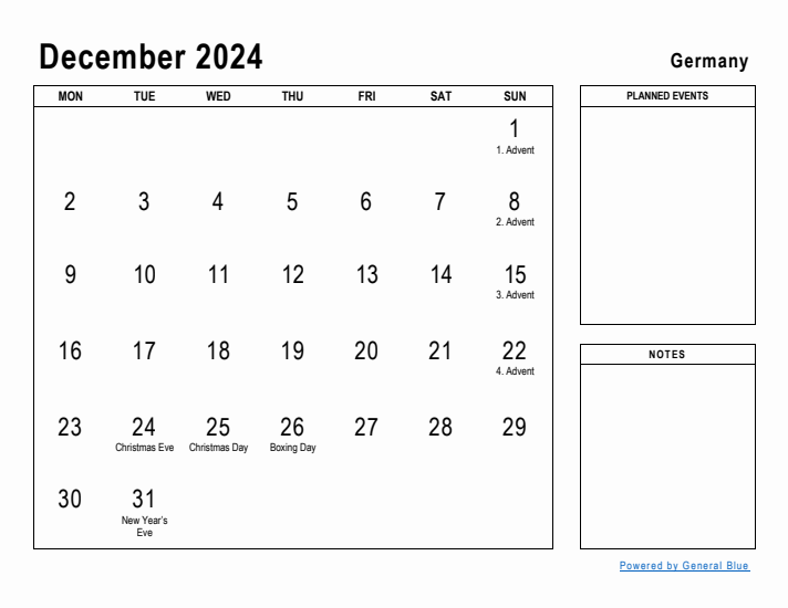 December 2024 Printable Monthly Calendar with Germany Holidays