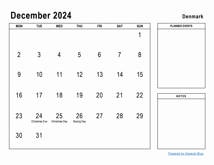 December 2024 Printable Monthly Calendar with Denmark Holidays