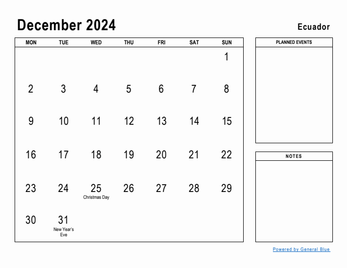 December 2024 Printable Monthly Calendar with Ecuador Holidays