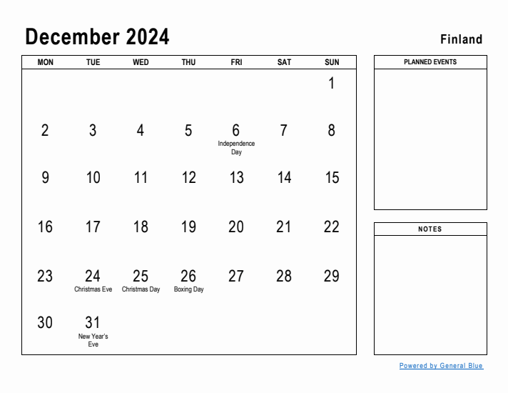 December 2024 Printable Monthly Calendar with Finland Holidays