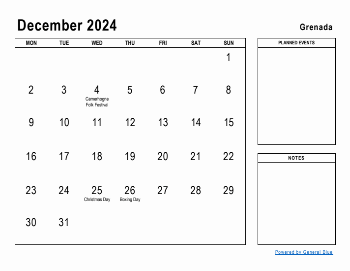 December 2024 Printable Monthly Calendar with Grenada Holidays