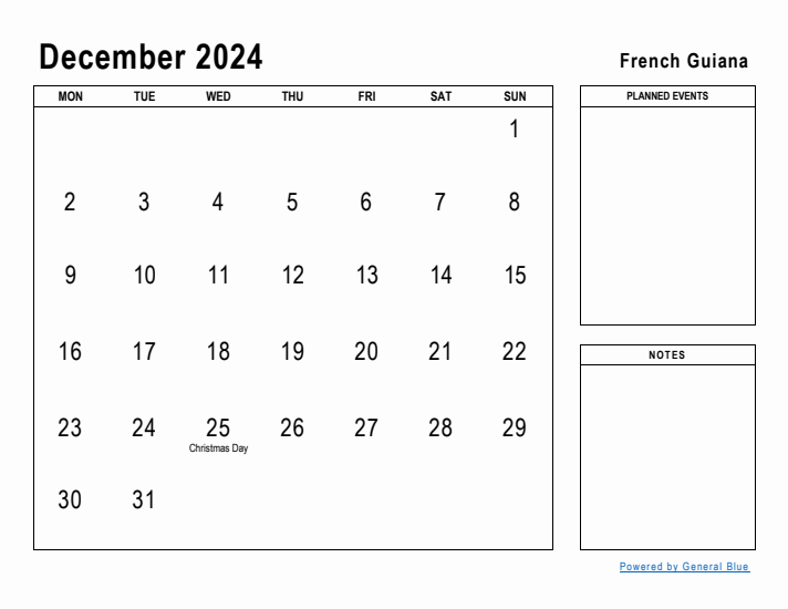 December 2024 Printable Monthly Calendar with French Guiana Holidays