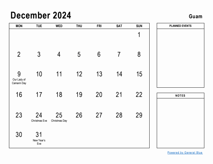 December 2024 Printable Monthly Calendar with Guam Holidays