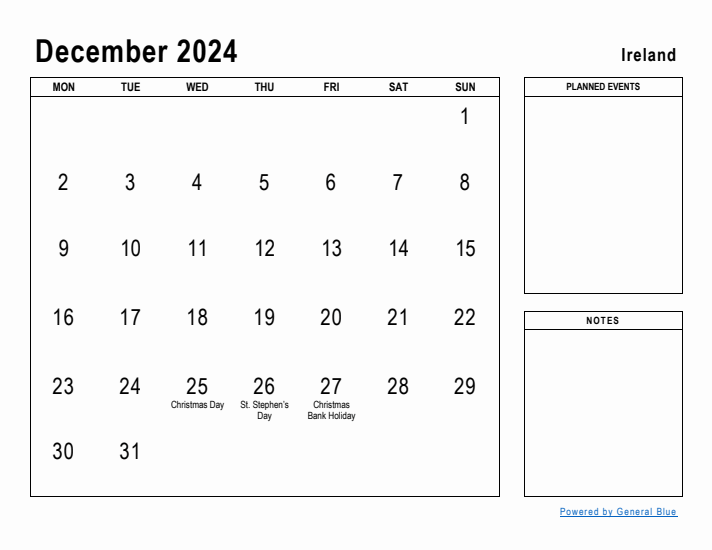 December 2024 Printable Monthly Calendar with Ireland Holidays