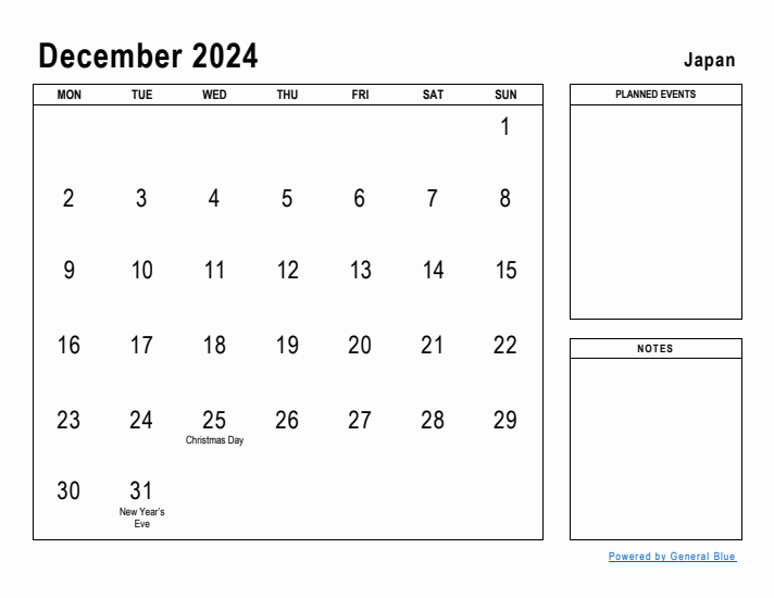 December 2024 Printable Monthly Calendar with Japan Holidays