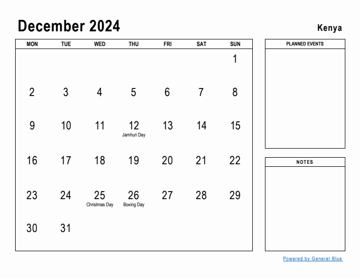 December 2024 Printable Monthly Calendar with Kenya Holidays