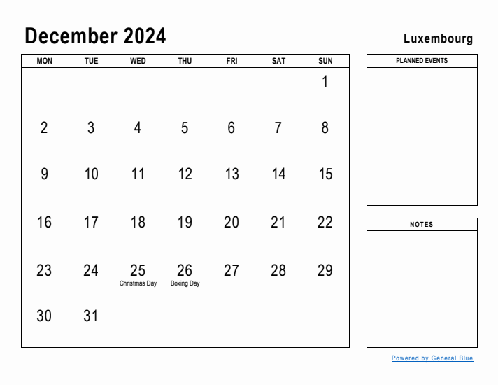 December 2024 Printable Monthly Calendar with Luxembourg Holidays