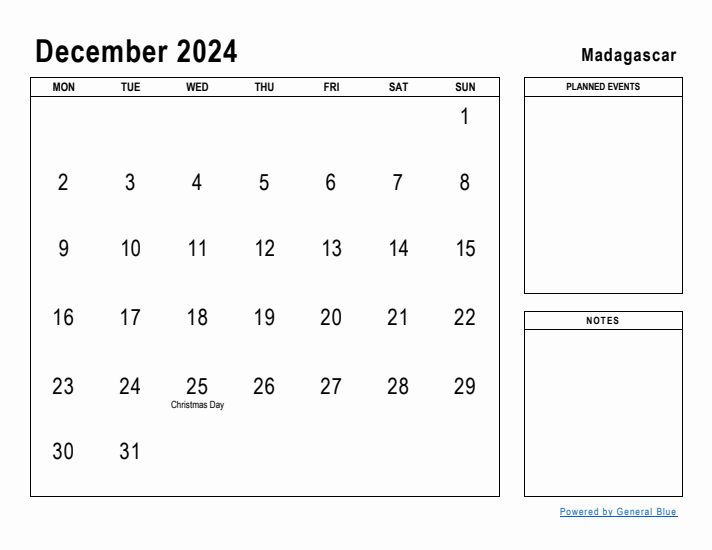 December 2024 Printable Monthly Calendar with Madagascar Holidays