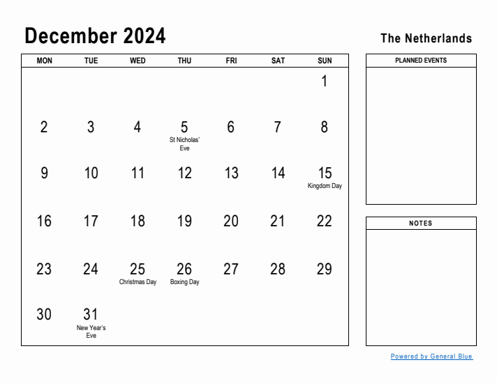 December 2024 Printable Monthly Calendar with The Netherlands Holidays