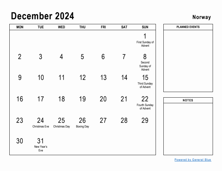 December 2024 Printable Monthly Calendar with Norway Holidays