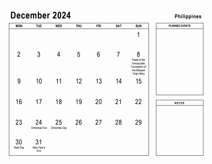 December 2024 Printable Monthly Calendar with Philippines Holidays