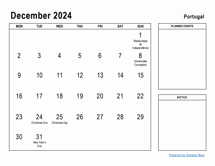 December 2024 Printable Monthly Calendar with Portugal Holidays