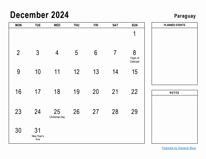 December 2024 Printable Monthly Calendar with Paraguay Holidays